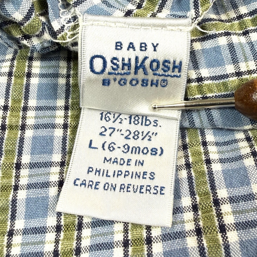 VINTAGE OSHKOSH Boys Plaid Overalls 6-9m Lion Embroidered 90s Y2K Cottagecore - Picture 5 of 13